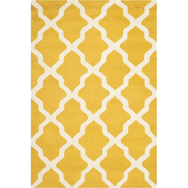 Red Barrel Studio® Handmade Trellis Premium Wool Runner Rug, Gold/Ivory